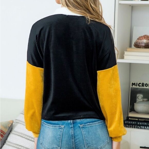 NEW ITEM !! COLOR BLOCK BUTTON DOWN VELVET TOP- BLACK-IVORY-MUSTARD! SO CUTE - Picture 6 of 6